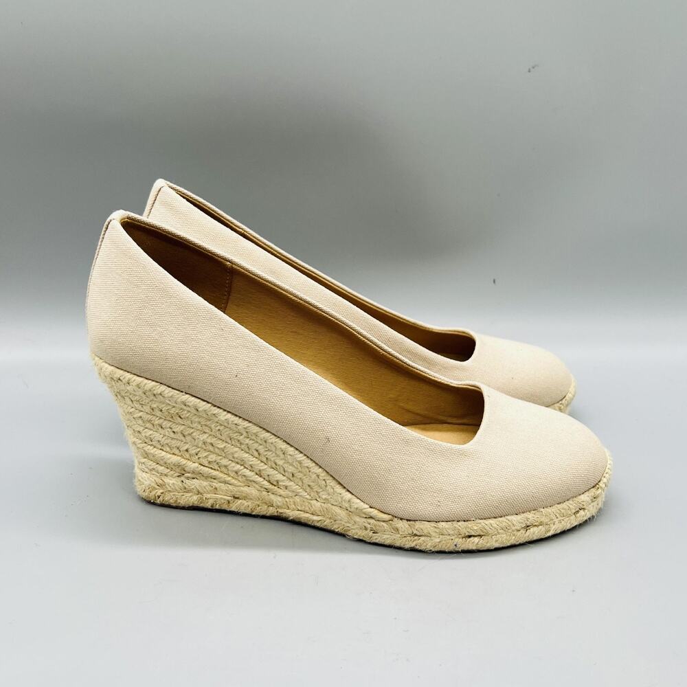J Crew Shoes Womens 7.5 Beige Cotton Espadrille Wedge Heels Round Toe Slip On
